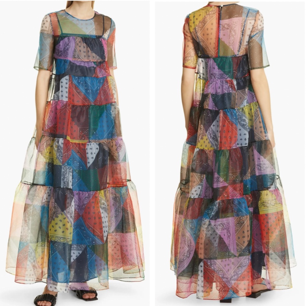 RARE NWT STAUD Hyacinth Maxi Dress - Patchwork Bandana Rainbow Colorful Block - Picture 4 of 10